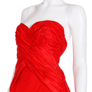 1980s Karl Lagerfeld Fendi Red Silk Satin Strapless Evening Dress w Bolero Jacket and Sweetheart Bodice