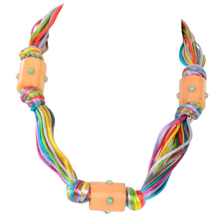 80s Kenneth Lane Vintage Multi Colored Cord Necklace With Giant Tube Beads