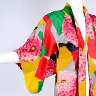 Bright yellow, green, red, pink zinnia kimono