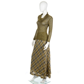 1970s Lurex Kiva Vintage Gold Sparkle Plaid Skirt & Cowl Neck Top Outfit