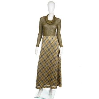 1970s Kiva Vintage Gold Sparkle Plaid Skirt & Cowl Neck Top Outfit Set