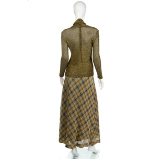Lurex 1970s Kiva Vintage Gold Sparkle Plaid Skirt & Cowl Neck Top Outfit
