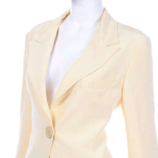 Krizia Cream Silk Blend Skirt and Long Blazer Jacket Suit single button notched lapels