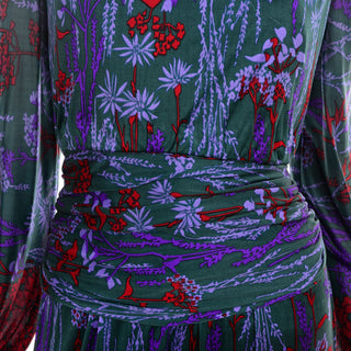 1980s Lanvin Dress in Green & Purple Floral Jersey Numbered