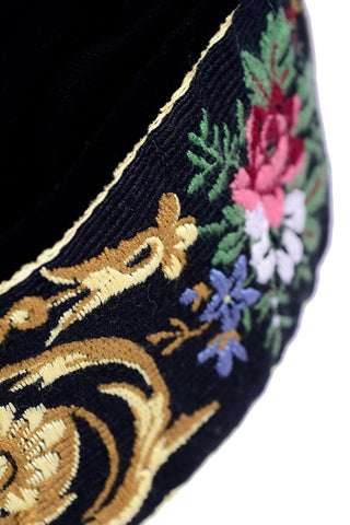 1980s Laura Ashley Black Velvet Brimless Cap w/ Thick Embroidered Band