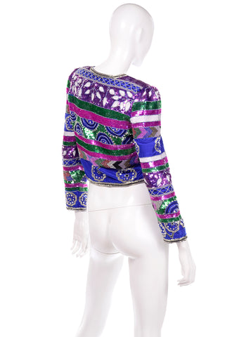 Colorful Laurence Kazar Beaded Silk Cropped Vintage Jacket sequins beads