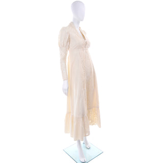 1970s Gunne Sax Cream Wedding Dress w/ Lace Leg of Mutton Sleeves