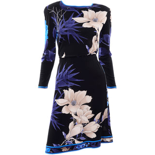 Leonard 2 Pc Dress in Black Silk Jersey w Blue & Cream Flowers