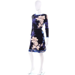 Leonard Two Pc. Dress in Black Silk Jersey w Blue & Cream Flowers