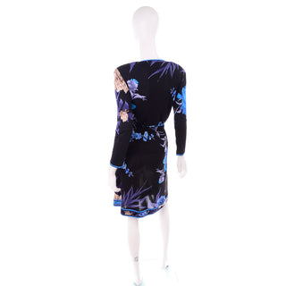 Leonard 2 Pc Dress in Black Silk Jersey w big Blue & Cream Flowers