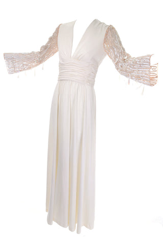 1970's Lilli Diamond Off White Maxi Dress Statement Sleeves Vintage Wedding Dress