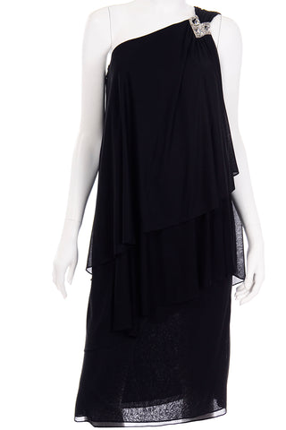 Lilli Diamond Vintage Black Grecian Style One Shoulder Evening Dress 1970s
