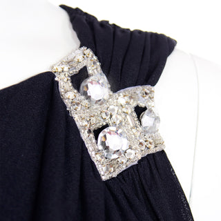 Lilli Diamond Vintage Black Grecian Style One Shoulder Evening Dress Rhinestone Details