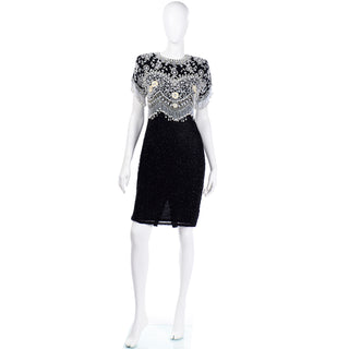 1980s Lillie Rubin Vintage Beaded Black Evening Dress with Pearls 1980s