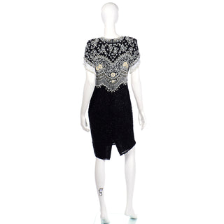 80s Lillie Rubin Vintage Beaded Black Evening Dress with Pearls & Beading