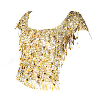 1970s Loris Azzaro Vintage Silver & Gold Metallic Crochet Beaded Top
