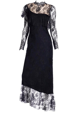 1980s Loris Azzaro Paris Black Lace Victorian Style Evening Dress