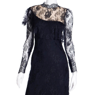 1980s Loris Azzaro Paris Black Lace Victorian Style Evening Dress w long sleeves