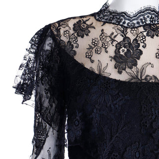 1980s Loris Azzaro Paris Black Lace Victorian Style Evening Dress w illusion bodice and asymmetrical hem