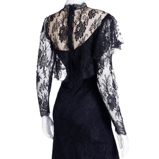 1980s Loris Azzaro Paris Black Lace Victorian Style Evening Dress asymmetrical
