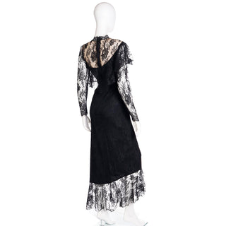 1980s Loris Azzaro Paris Black Lace Victorian Style Evening Dress S