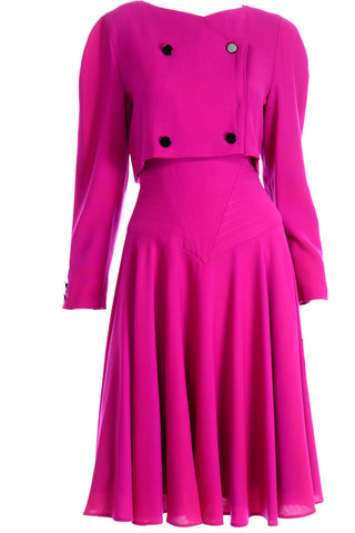 1980s Louis Feraud Vintage Magenta Pink Double Breasted Dress With Full Skirt