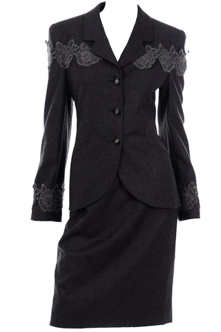 Charcoal Grey Louis Feraud Vintage Skirt Blazer Suit With Lace Applique