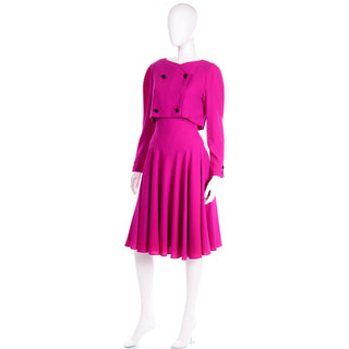 1980s Louis Feraud Vintage Magenta Pink Double Breasted Dress With Full Skirt Flattering