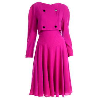 1980s Louis Feraud Vintage Magenta Pink Double Breasted Dress With Full Skirt Excellent Condition