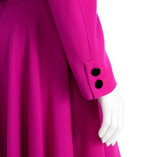 1980s Louis Feraud Vintage Magenta Pink Double Breasted Dress With Full Skirt Black Buttons