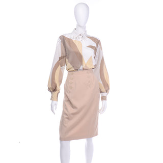 Louis Feraud vintage skirt and blouse ensemble with matching tan jacket