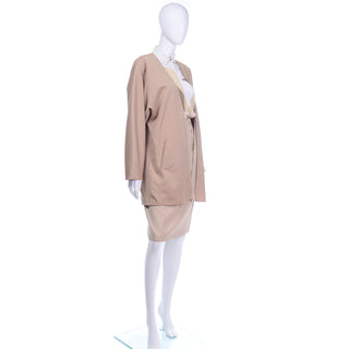 1980s Louis Feraud tan long jacket skirt and blouse suit