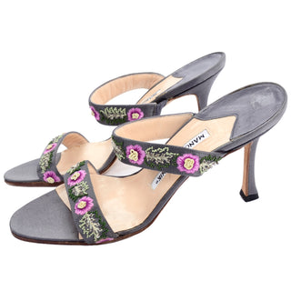 Manolo Blahnik silver slide sandals with embroidered flowers
