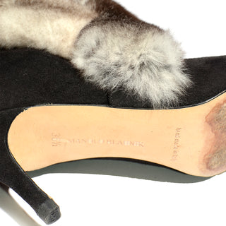 36.5 Manolo Blahnik Black Suede Booties With Fur Mink Trim Boots 