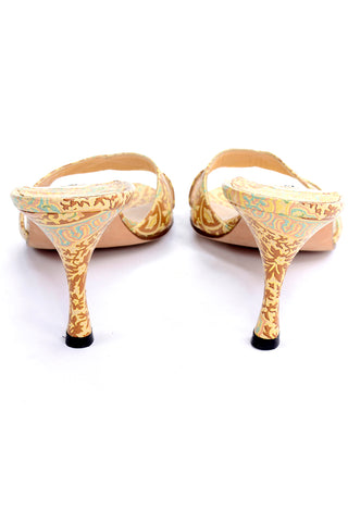 Manolo Blahnik Size 38.5 Gold Turquoise Bronze Floral Heel Sandals Brocade