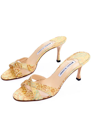 Manolo Blahnik Size 38.5 Gold Turquoise Bronze Floral Heel Sandals