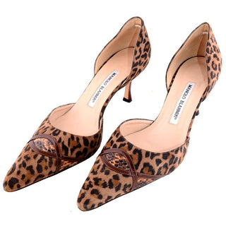 Manolo Blahnik brown leopard print pony fur heels w/ snakeskin detail