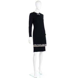 1960s Vintage Marion McCoy Beaded Rhinestone Black Tunic Dress with embroidery & collar necklace