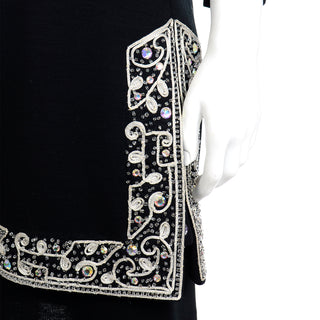 1960s Vintage Marion McCoy Beaded Rhinestone Black Tunic Dress & Embroidery