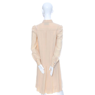 1970s Pleated Cream Wool Shift Dress with Bow by Marshall Field - Dressing Vintage