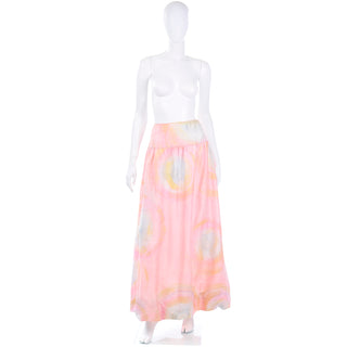 1970s Vintage Mary McFadden Pink Blue Yellow Pastel Watercolor Maxi Bubble Skirt