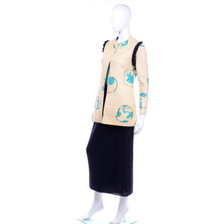 Mary McFadden  Silk Vintage Hand Painted Quilted Jacket & Skirt Outfit
