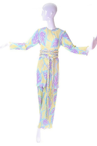 1970's Mary McFadden ensemble in pastel colors. Yellow, with purple and blue leaves on the pleated pants and matching top.