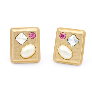 Yves Saint Laurent Gold Plated Earrings With Crystal Shapes and pearl oval