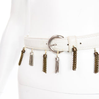 Vintage Maud Frizon Paris White Leather Belt with Gold and Silver Tassels 