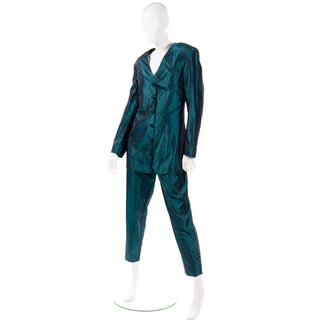 1980s Maurizio Galante Vintage Green Silk Longline Jacket & Trouser Suit