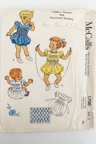 1953 Vintage McCalls 1790 Toddler Smocked Romper Sewing Pattern sz 1