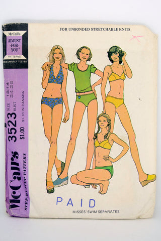 Uncut 1973 McCalls 3523 Vintage Swimsuit Bikini & Pullover Top Sewing Pattern