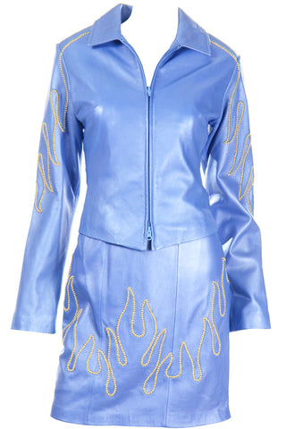 1990s Michael Hoban North Beach Leather Blue Flame Stud Dress & Jacket