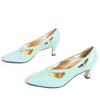 1980s Escada Mint Green Leather Cutout Shoes W Box & Bag Gold insoles